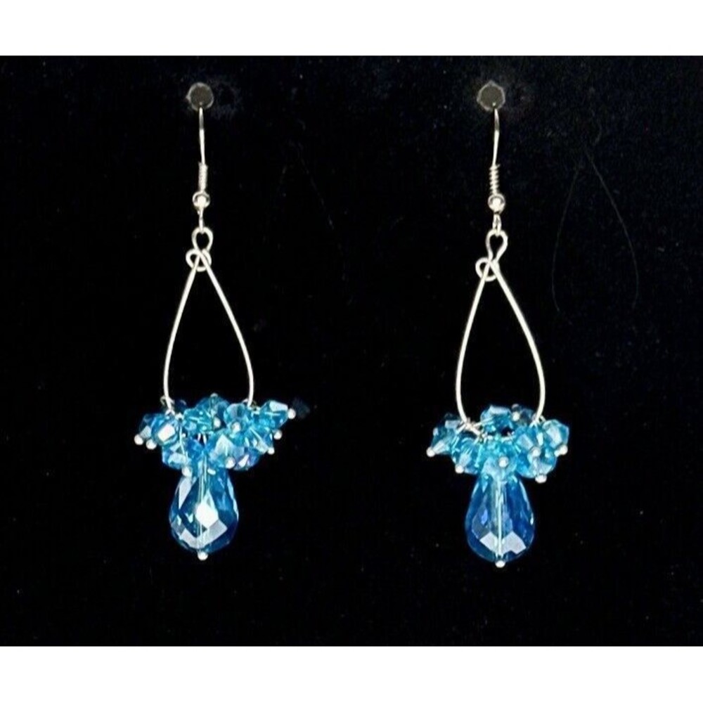 New Teal Blue Aqua Beaded Hand Crafted Crystal Teardrop Earrings‎ Silver